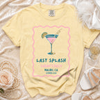 Yellow t-shirt with "Last Splash Sarah's Bach Malibu, CA Summer 2026" text.