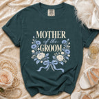 Dark teal t-shirt with "MOTHER of the GROOM" and floral design.
