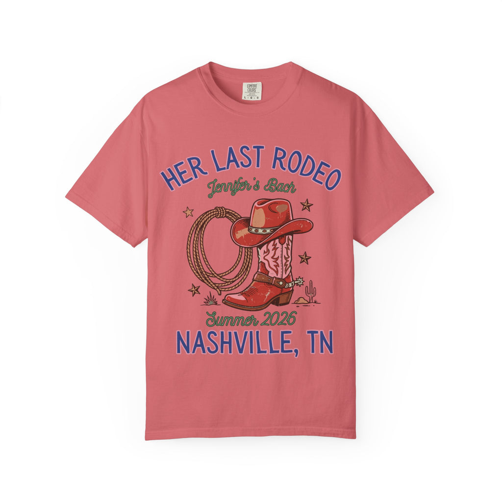 "Her Last Rodeo" bachelorette graphic tee with cowboy hat, lasso, and boot.