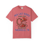 "Her Last Rodeo" bachelorette graphic tee with cowboy hat, lasso, and boot.