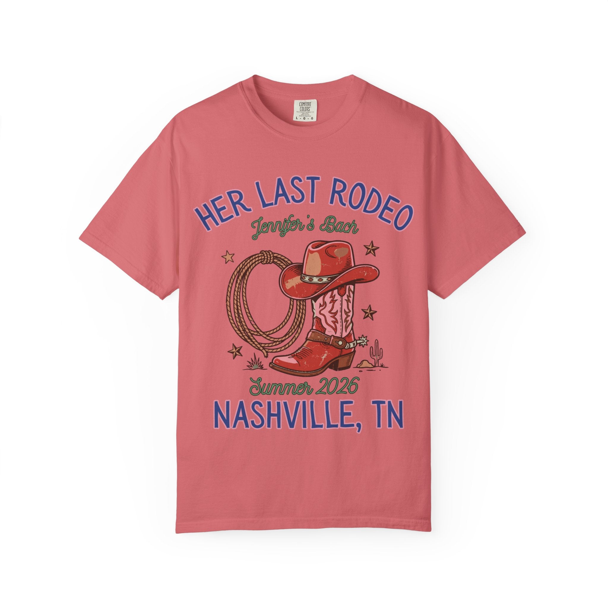 "Her Last Rodeo" bachelorette graphic tee with cowboy hat, lasso, and boot.