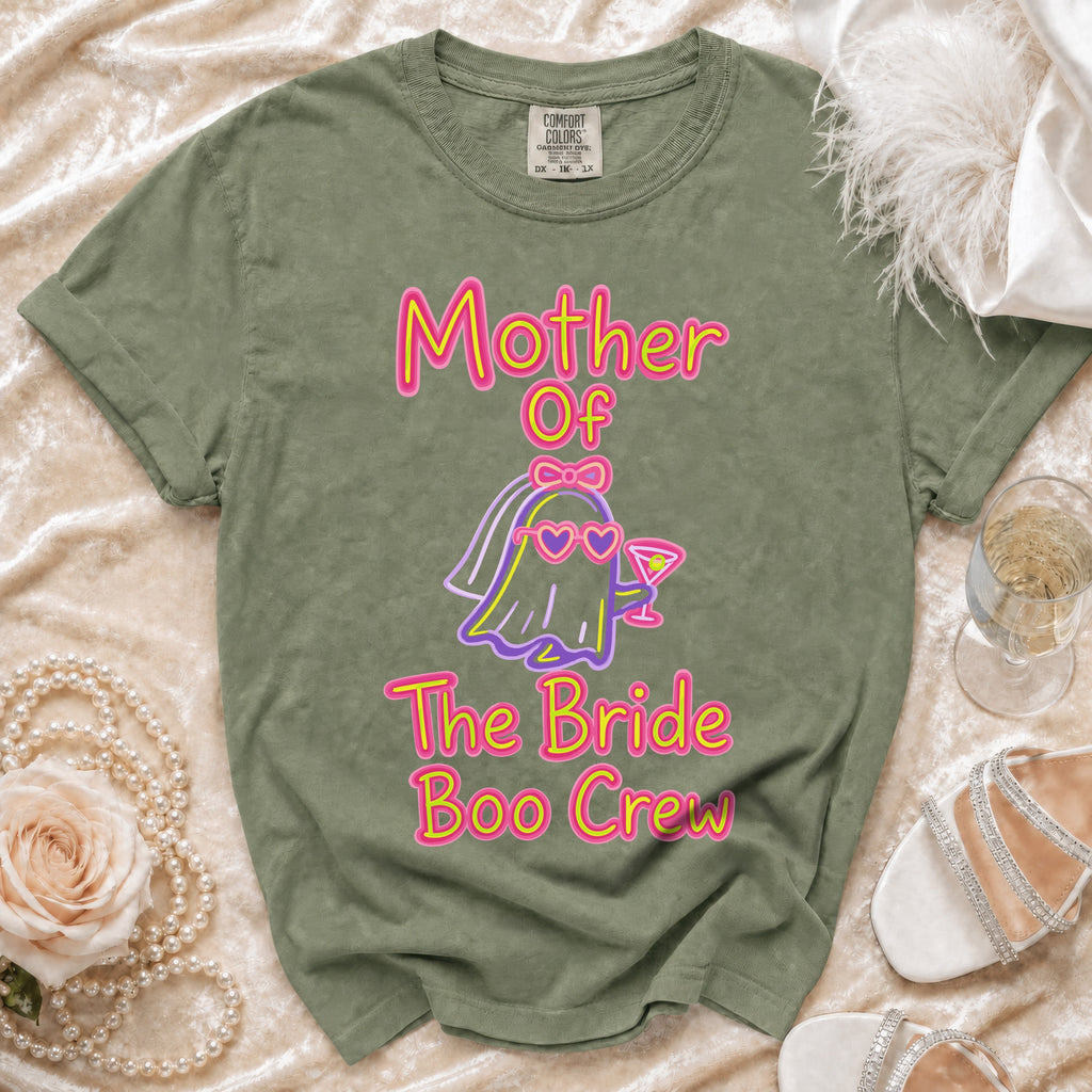 Green t-shirt with "Mother Of The Bride Boo Crew" text and a ghost bride graphic.