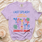 Lavender Comfort Colors t-shirt: "Last Splash, Malibu CA, Summer 2026, Sarah's Bach."