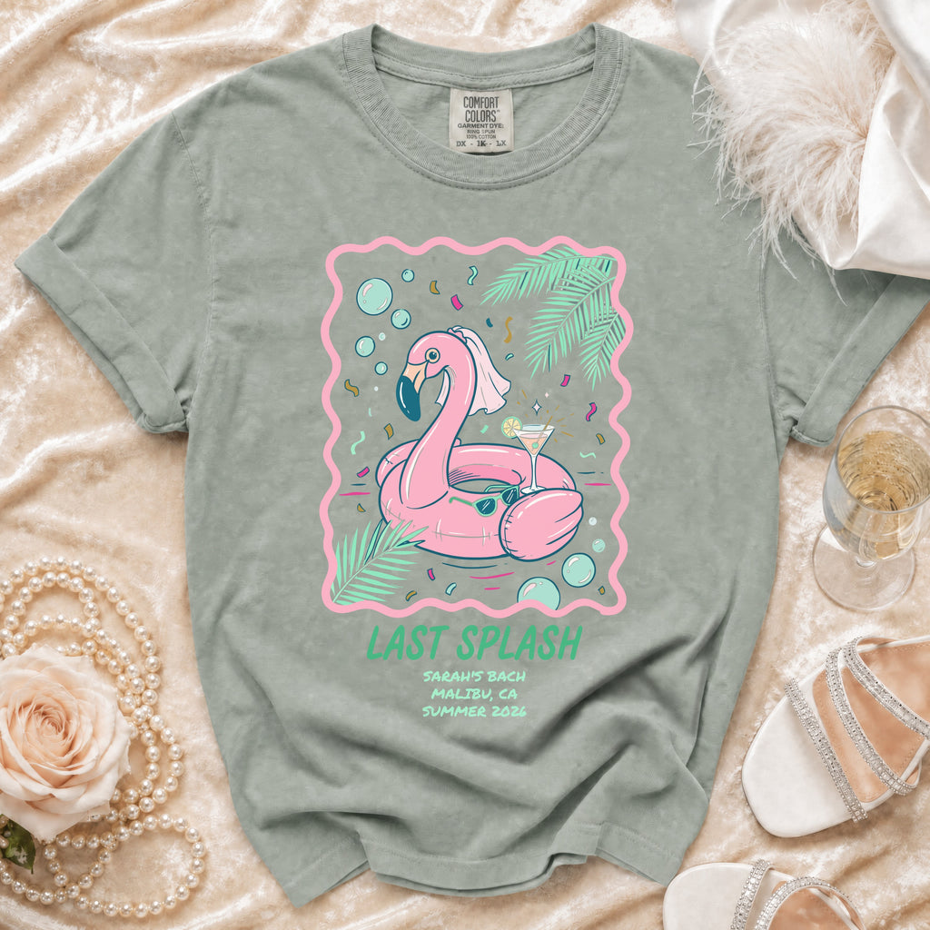 T-shirt with pink flamingo float, "Last Splash Sarah's Bach Malibu CA Summer 2026".