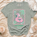 T-shirt with pink flamingo float, "Last Splash Sarah's Bach Malibu CA Summer 2026".