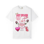 White t-shirt with "Last Splash Sarah's Bach" text, pink heart, roses, and butterflies.