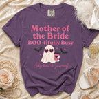 Purple t-shirt with text "Mother of the Bride BOO-tifully Busy" and a ghost graphic.