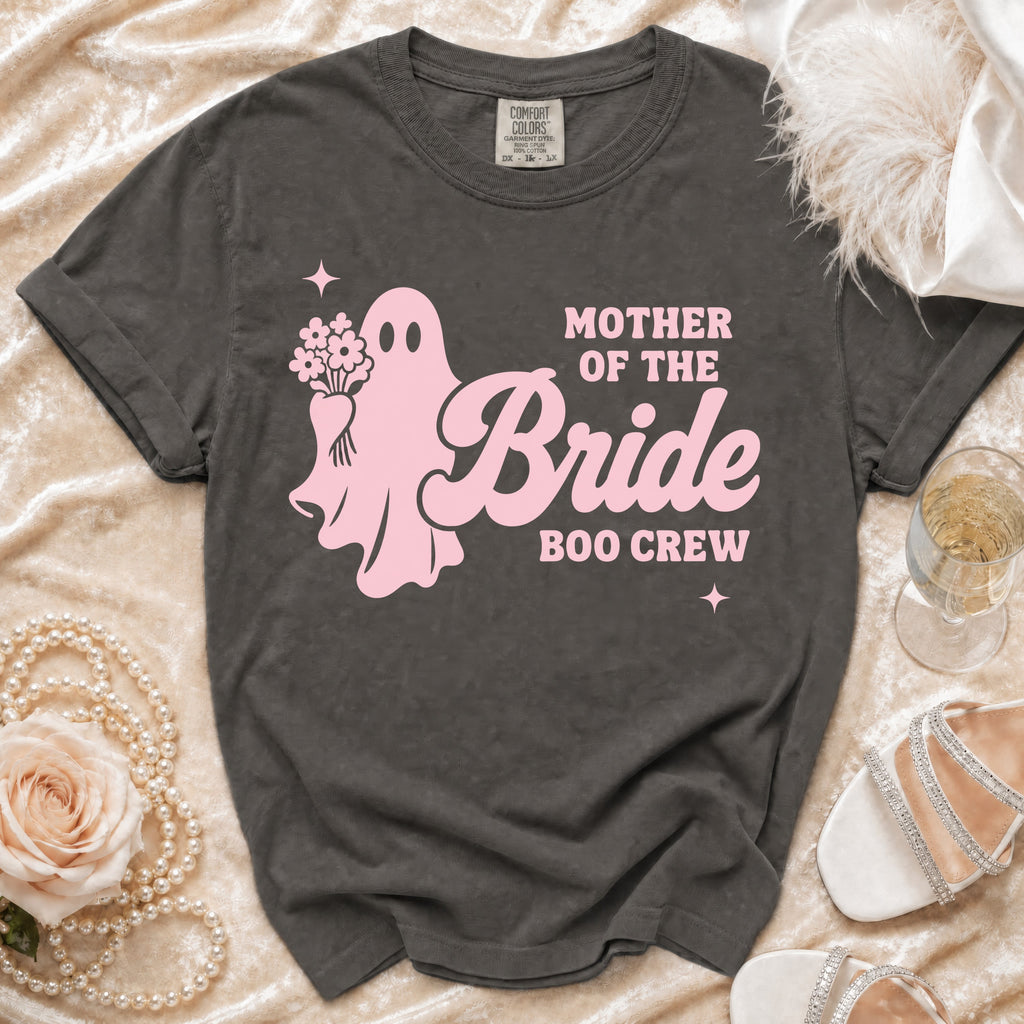 Dark grey t-shirt with "Mother of the Bride Boo Crew" graphic and ghost.