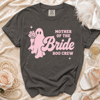 Dark grey t-shirt with "Mother of the Bride Boo Crew" graphic and ghost.