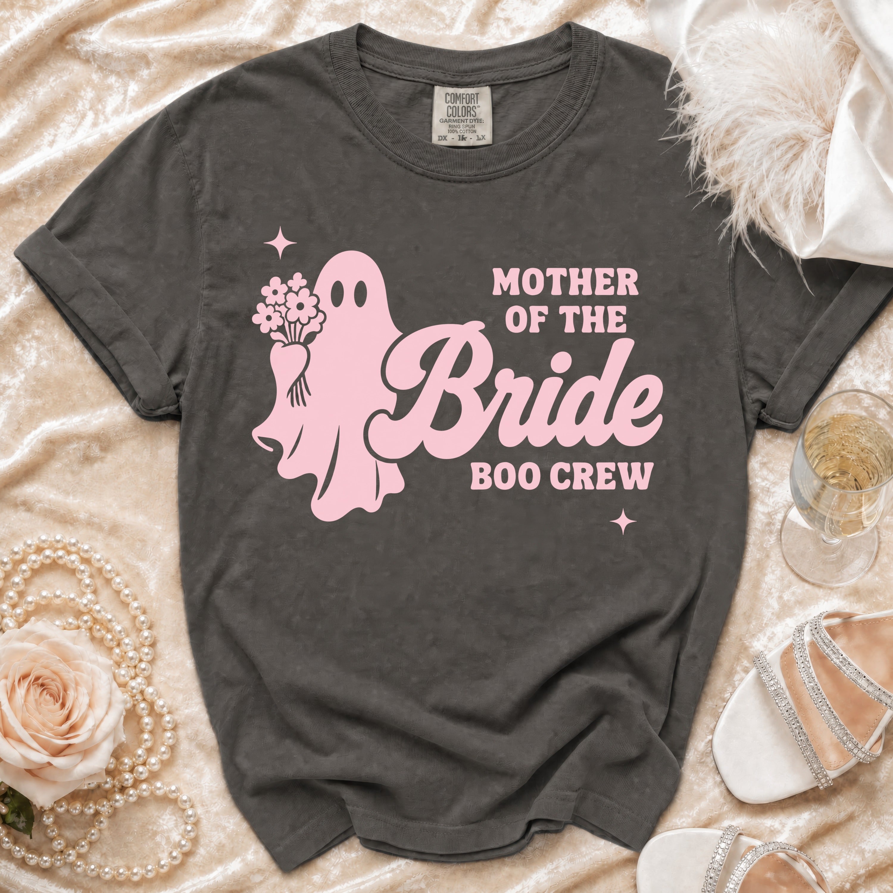 Dark grey t-shirt with "Mother of the Bride Boo Crew" graphic and ghost.