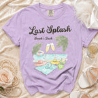 "Last Splash" text with champagne, beach accessories, and a tropical background.