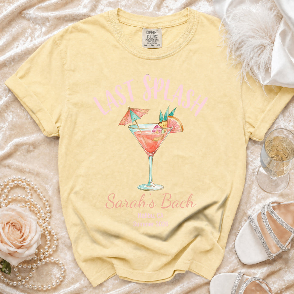 Yellow t-shirt with "LAST SPLASH" and cocktail graphic for "Sarah's Bach".
