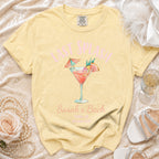 Yellow t-shirt with "LAST SPLASH" and cocktail graphic for "Sarah's Bach".