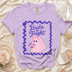 Bride of Fright graphic on a lavender t-shirt with a ghost wearing a veil and holding flowers.