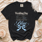 Black t-shirt with "Wedding Day Bridal Checklist" and "Something Blue" graphic.