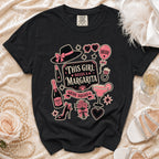 Black t-shirt with "This Girl Needs a Margarita Bride Squad" graphic and bridal motifs.