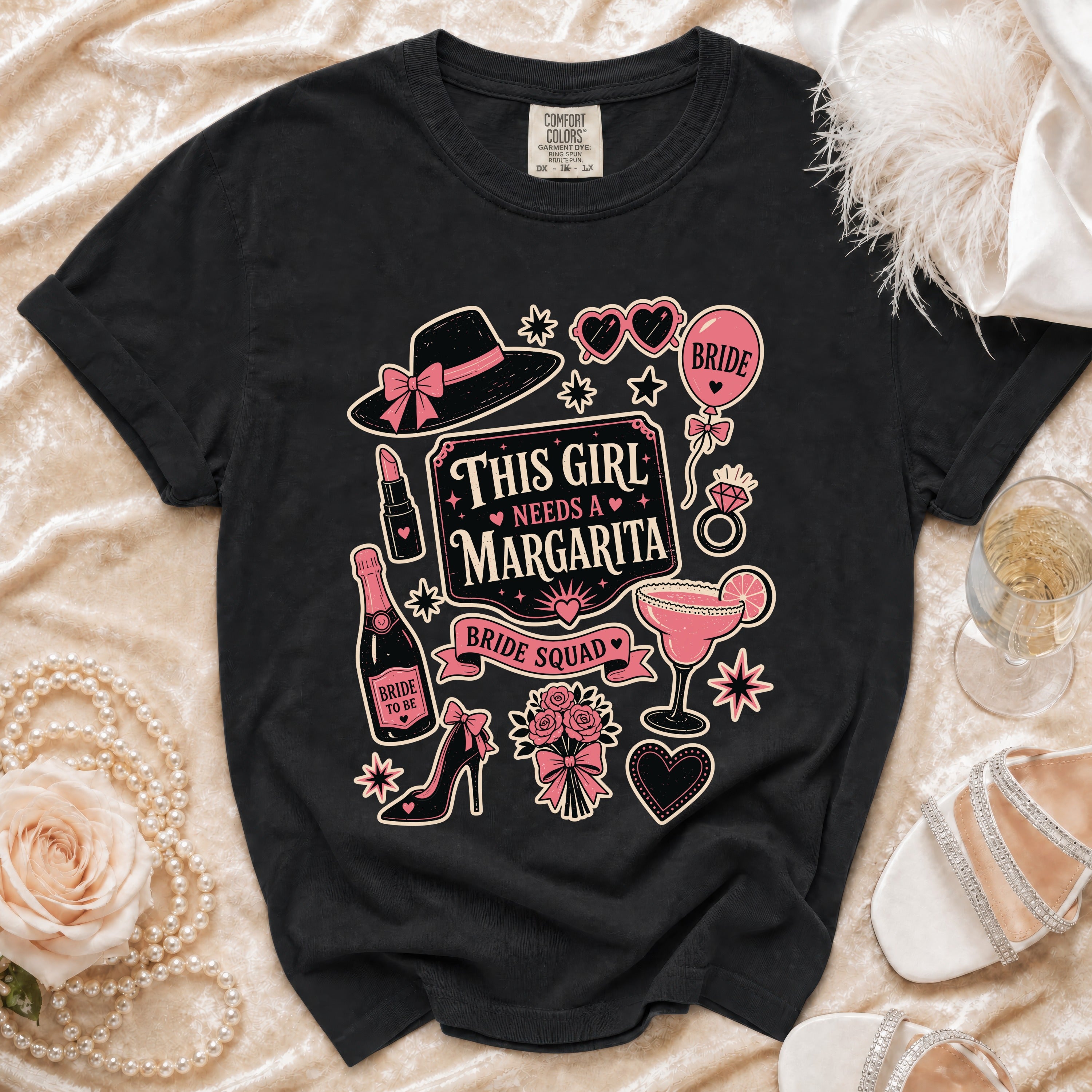 Black t-shirt with "This Girl Needs a Margarita Bride Squad" graphic and bridal motifs.