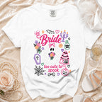 White t-shirt with "Bride" and Halloween graphics and text "too cute to spook".