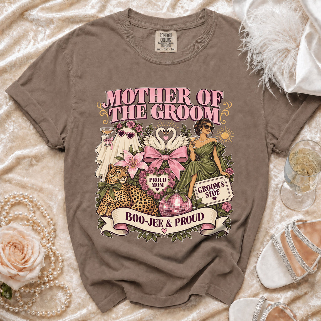 Brown t-shirt with "Mother of the Groom" graphic featuring leopard, swans, and disco ball.
