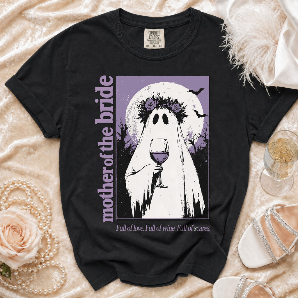 Black t-shirt with "mother of the bride" and a ghost holding wine.
