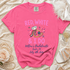 Pink t-shirt with "Red, White & I Do" and bachelorette party details.