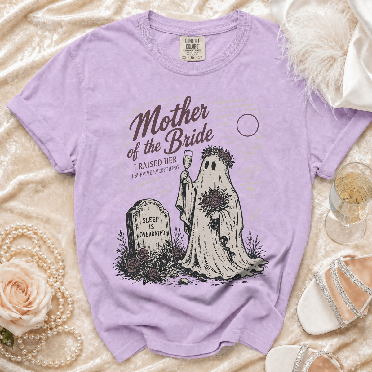 Lavender t-shirt with a ghost bride graphic and text reading "Mother of the Bride."