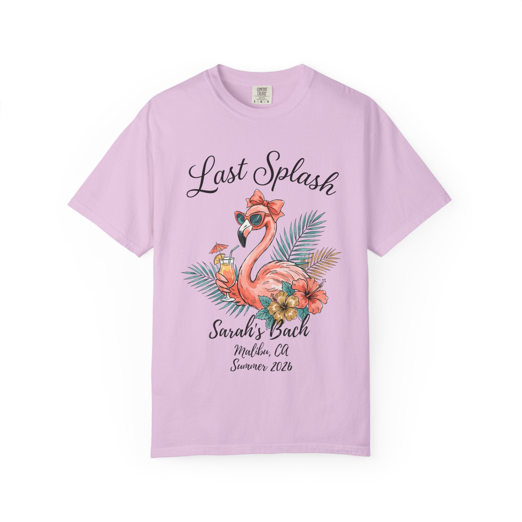 Pink t-shirt with "Last Splash" and flamingo graphic.