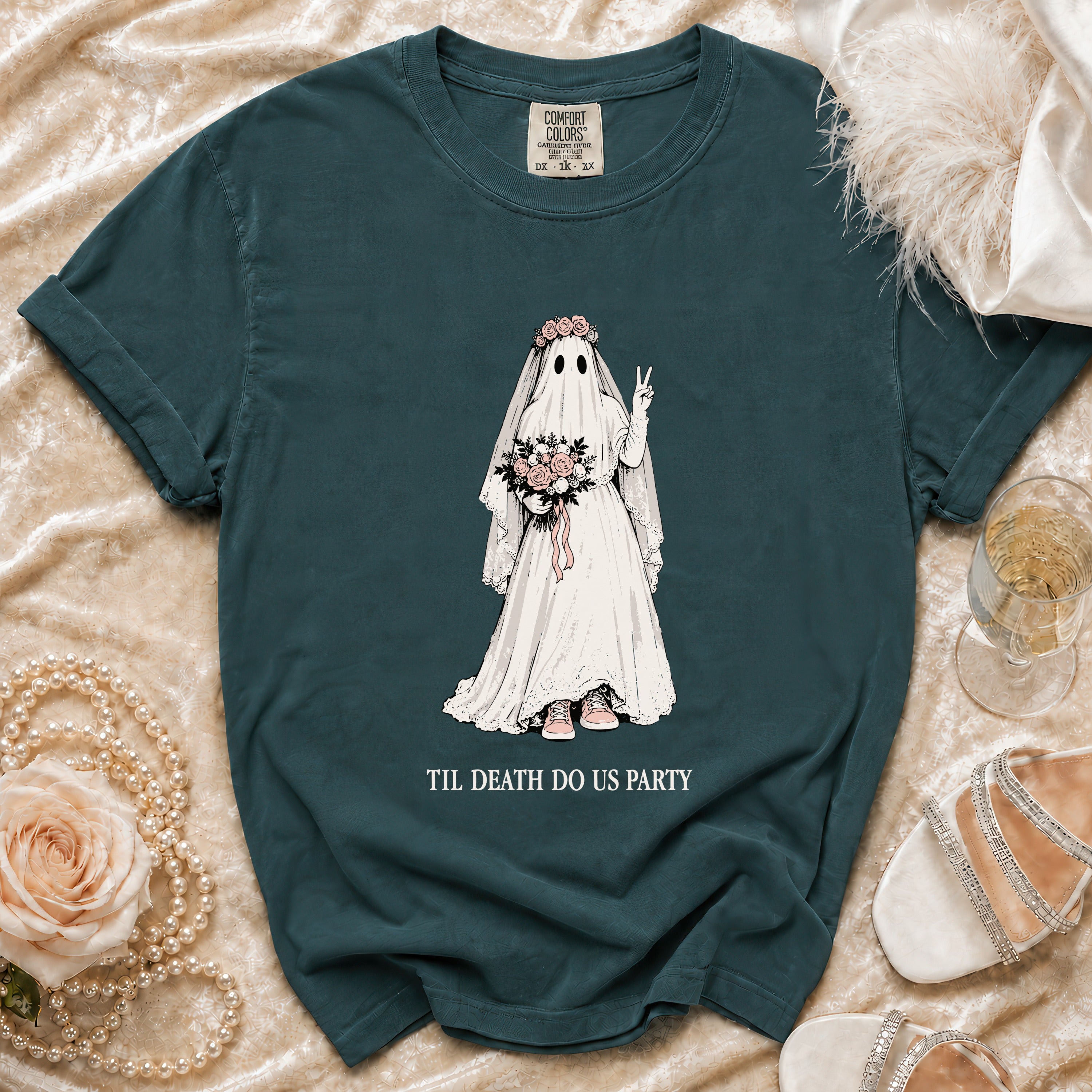 Teal t-shirt with ghost bride graphic and "Til Death Do Us Party" text.