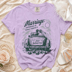 Purple t-shirt with graphic "Marriage: EXPENSIVE AF, TOTALLY WORTH IT."