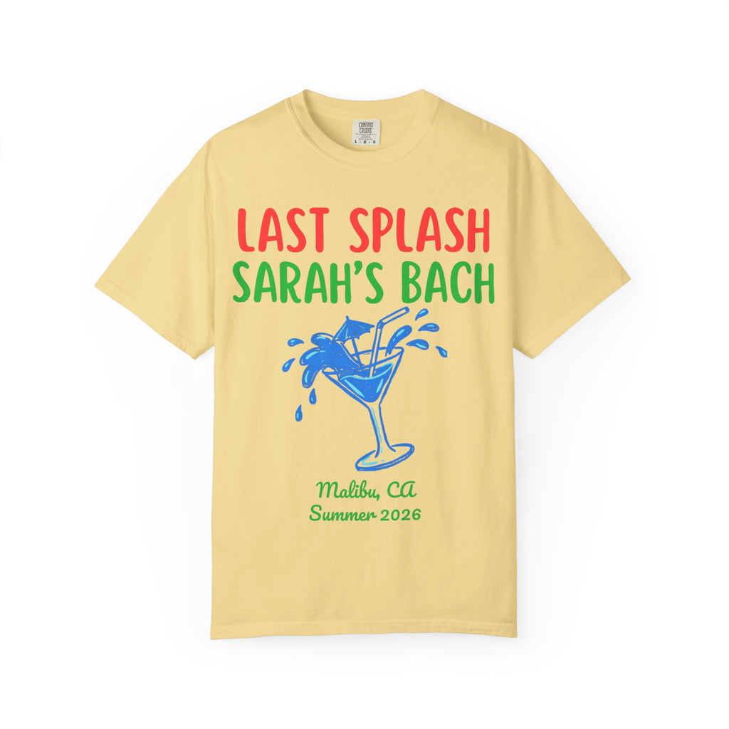 Yellow t-shirt with "LAST SPLASH SARAH'S BACH" and cocktail graphic.