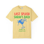 Yellow t-shirt with "LAST SPLASH SARAH'S BACH" and cocktail graphic.