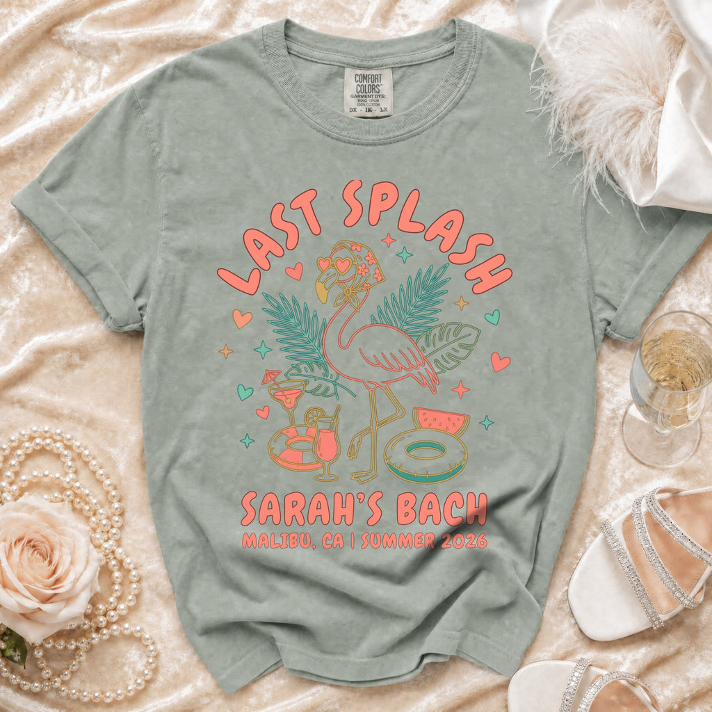 "Last Splash Sarah's Bach" t-shirt with flamingo and tropical drinks.