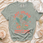 "Last Splash Sarah's Bach" t-shirt with flamingo and tropical drinks.