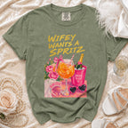 Green Comfort Colors t-shirt with "Wifey Wants a Spritz" graphic and bridal accessories.
