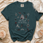 Teal t-shirt with cross-stitch bride skeleton and "Till Death Do Us Party" text.