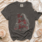 Dark grey t-shirt with "This Bride Bites" gothic design, bats, and a makeup vanity.