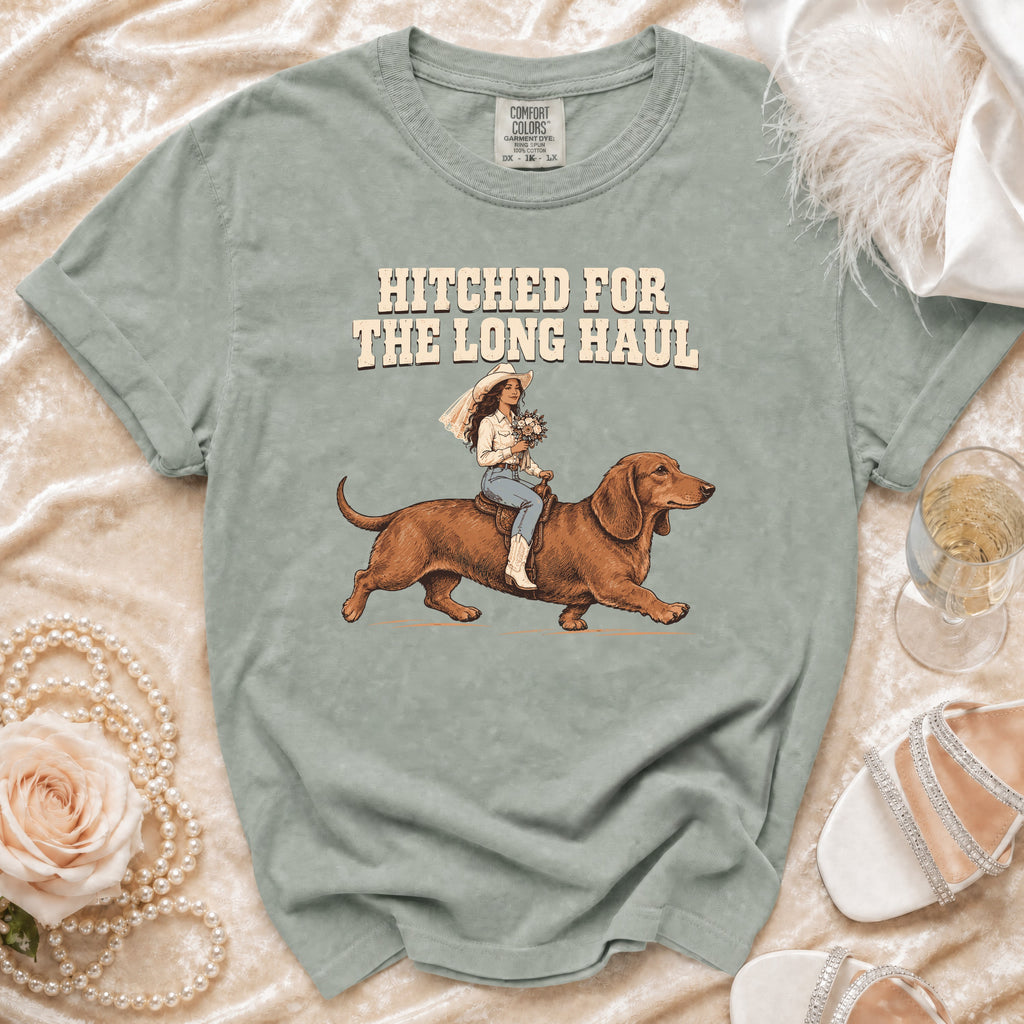 T-shirt with a dachshund graphic and "Hitched For The Long Haul" text.