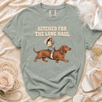T-shirt with a dachshund graphic and "Hitched For The Long Haul" text.