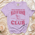 Lavender t-shirt with pink text proclaiming "MAID OF HONOR CLUB."