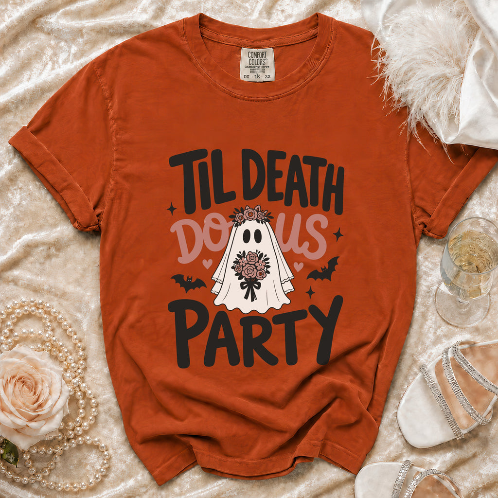 Orange t-shirt with ghost bride design and text "Til Death Do Us Party".