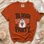Orange t-shirt with ghost bride design and text "Til Death Do Us Party".
