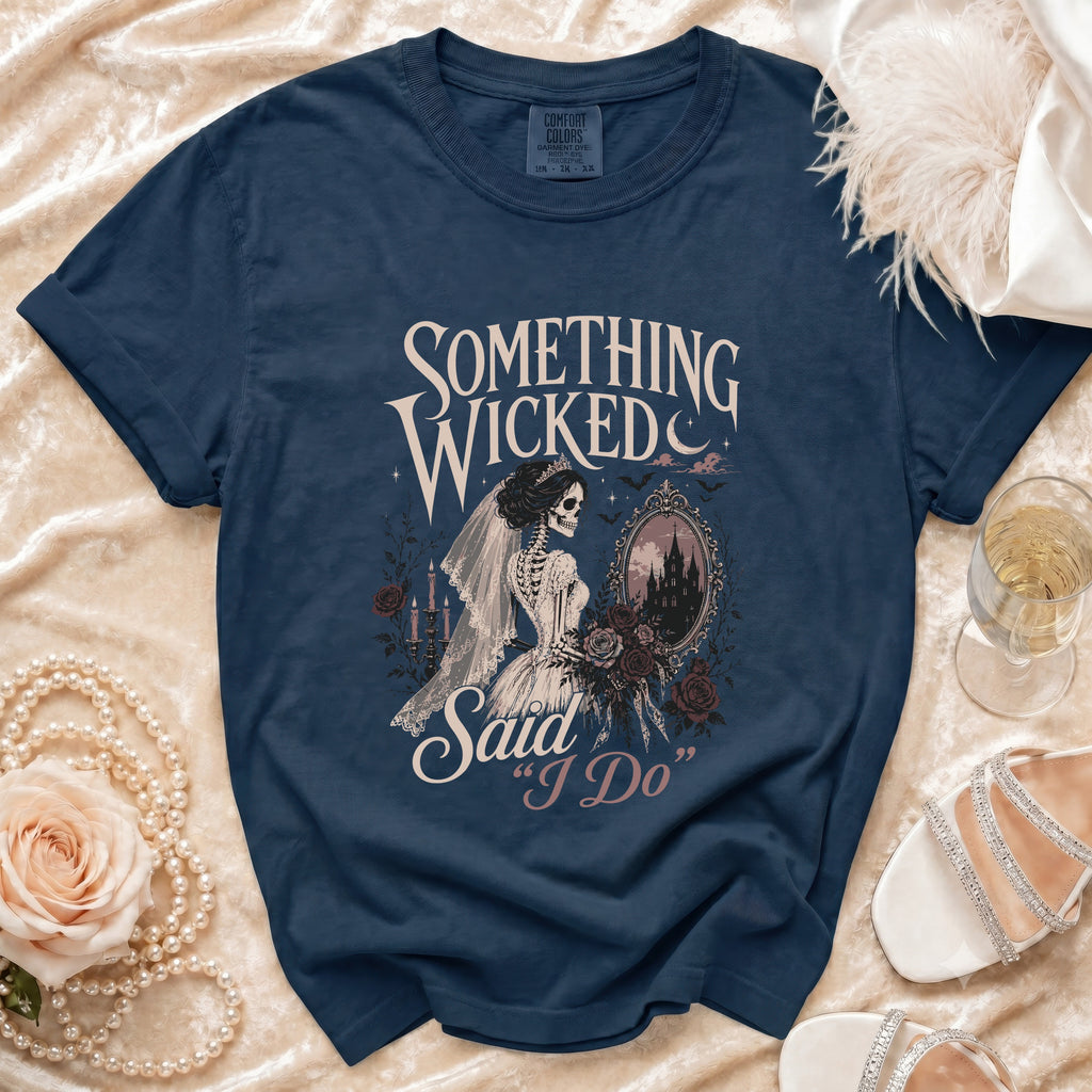 Navy t-shirt with skeleton bride graphic and "Something Wicked Said 'I Do'" text.