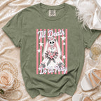 Green t-shirt with a skeleton bride graphic and "Til Death Do Us Party" text.