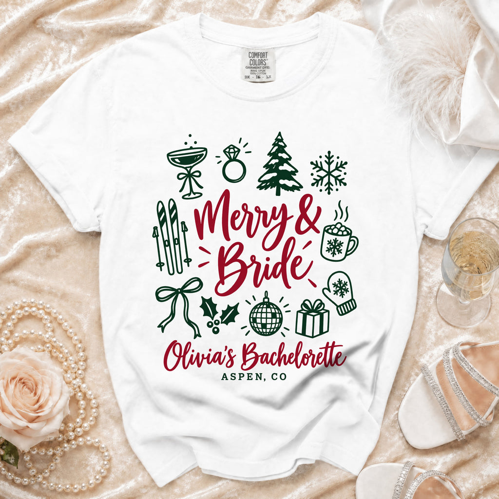 White t-shirt with "Merry & Bride Olivia's Bachelorette Aspen, CO" graphic.