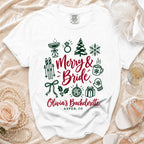 White t-shirt with "Merry & Bride Olivia's Bachelorette Aspen, CO" graphic.