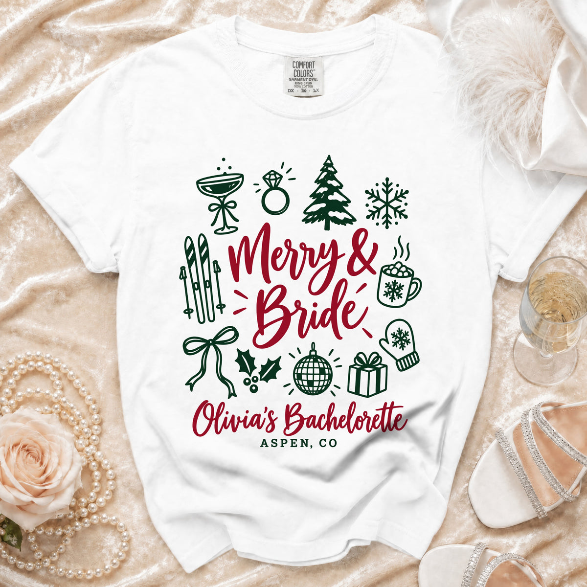 White t-shirt with "Merry & Bride Olivia's Bachelorette Aspen, CO" graphic.