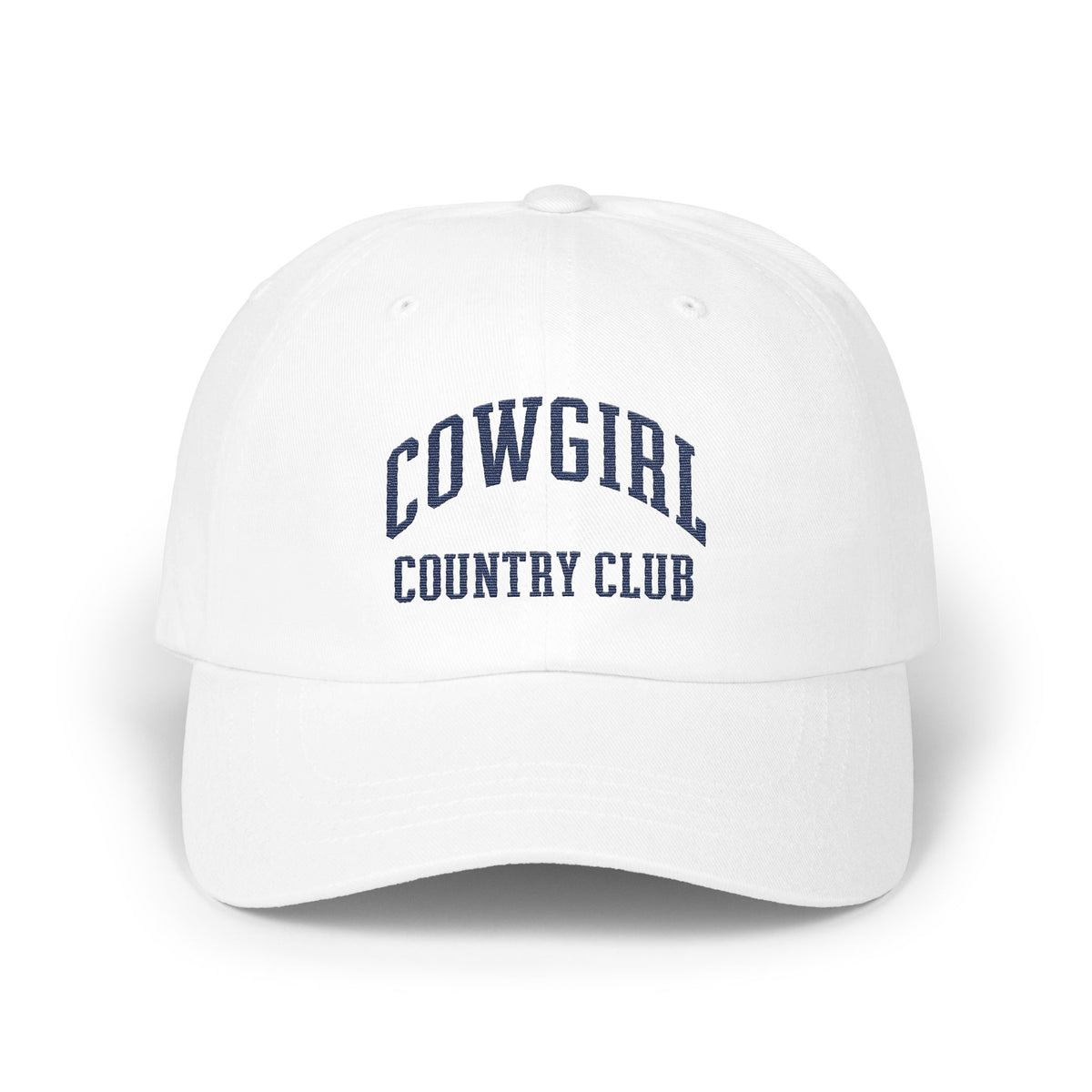 White baseball cap with embroidered navy blue text reading COWGIRL COUNTRY CLUB centered on the front.
