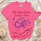 Pink t-shirt with "Her Last Rodeo Jennifer's Back" text, cowboy hat, and hearts.