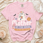Pink t-shirt with "Mother of the Bride (I Helped Raise the Boo)" graphic and ghost.