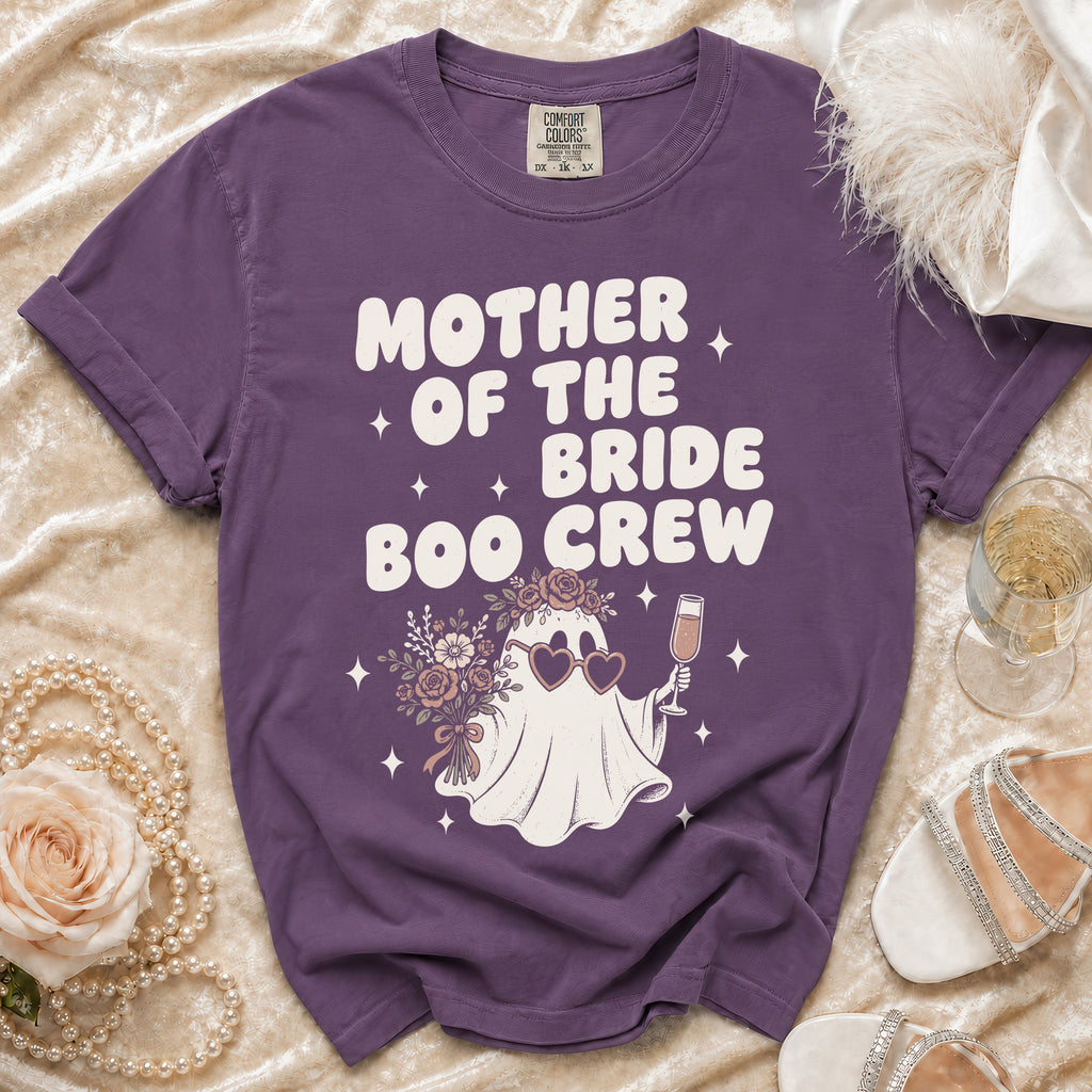 Purple t-shirt with "Mother of the Bride Boo Crew" text and ghost graphic.